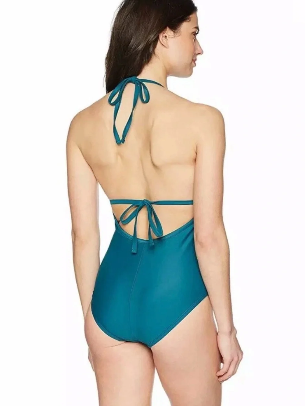 Coastal Blue Women's Swimwear Deep V Ruffle Front One Piece Swimsuit Teal XS NWT